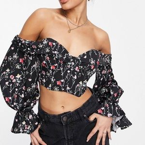 Love & Other Things off shoulder long sleeve crop top with puff sleeves